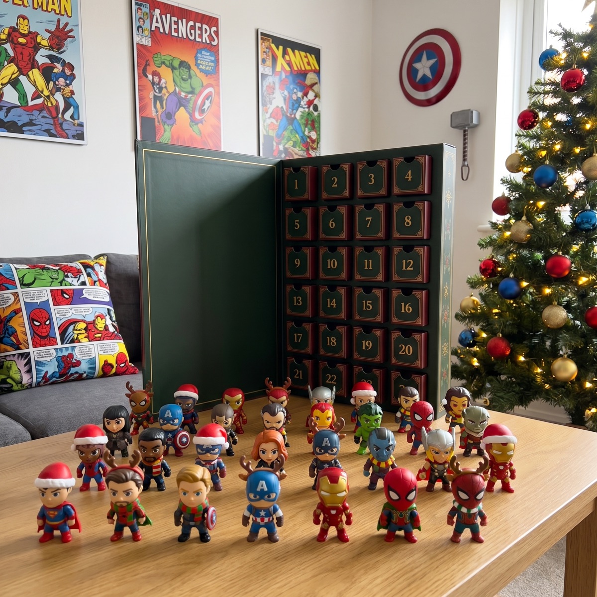 All 24 mini hero figures lined up on a table