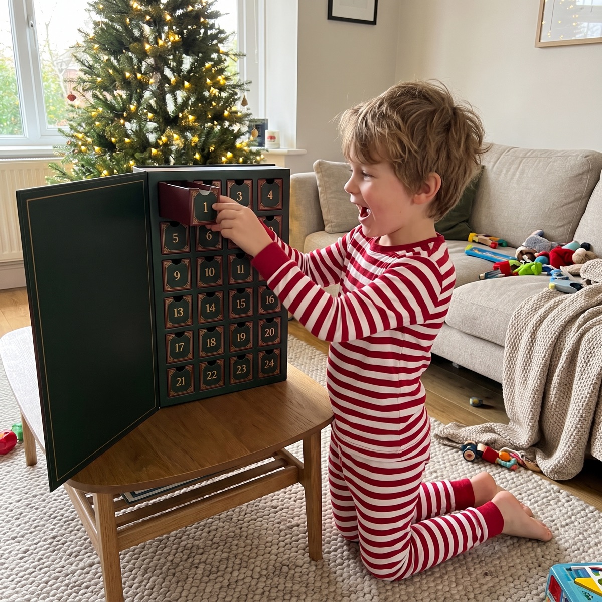 Child opening the first window of the Hero Box calendar on a December morning